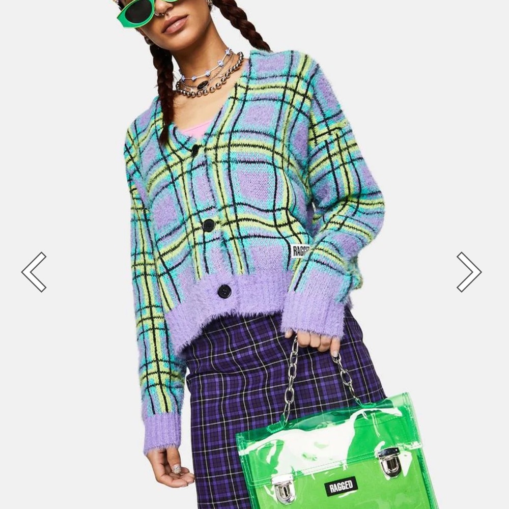 Ragged Priest Goof Fuzzy Plaid Cardigan Sweater PURPLE